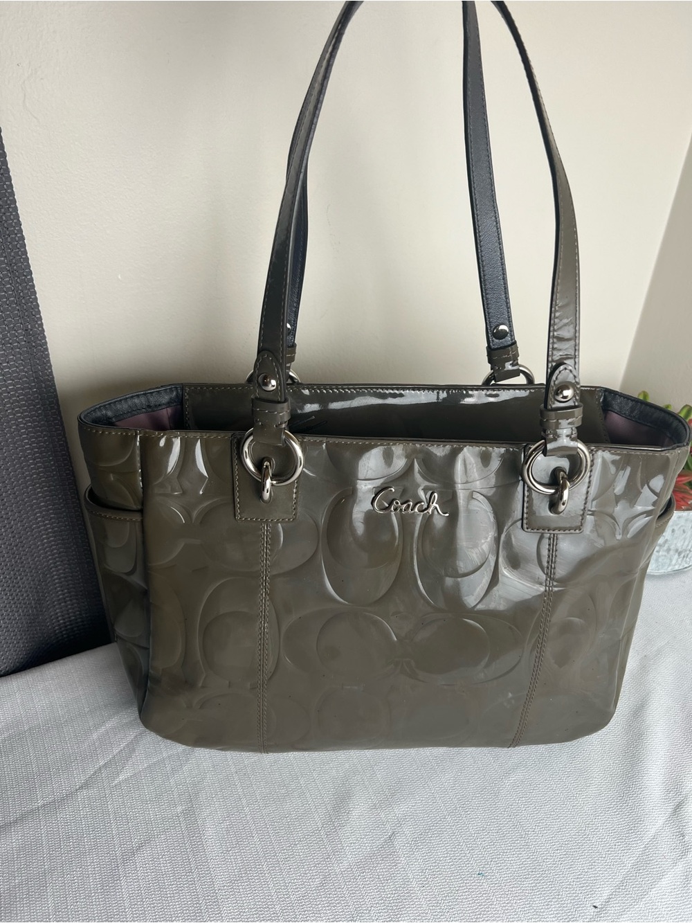 Coach Glossy Patent Tote in Olive Green